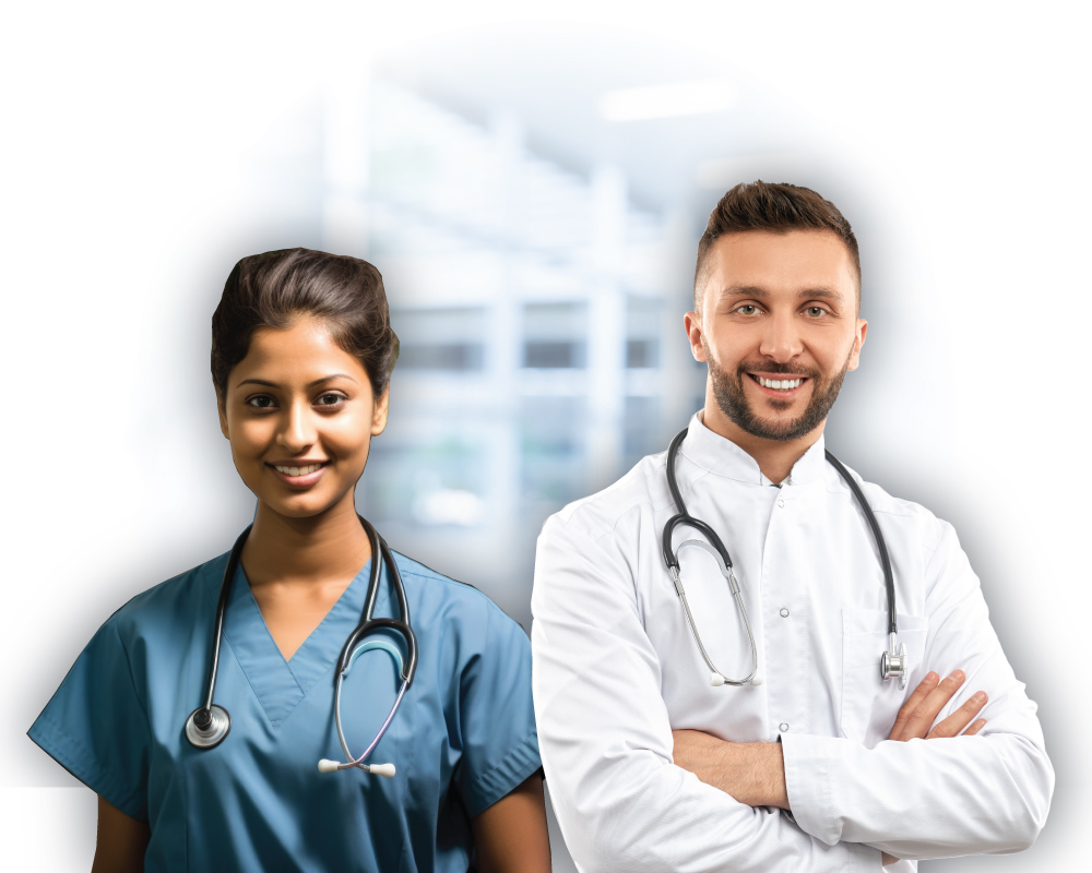 Male and female doctors folding hands with hospital background